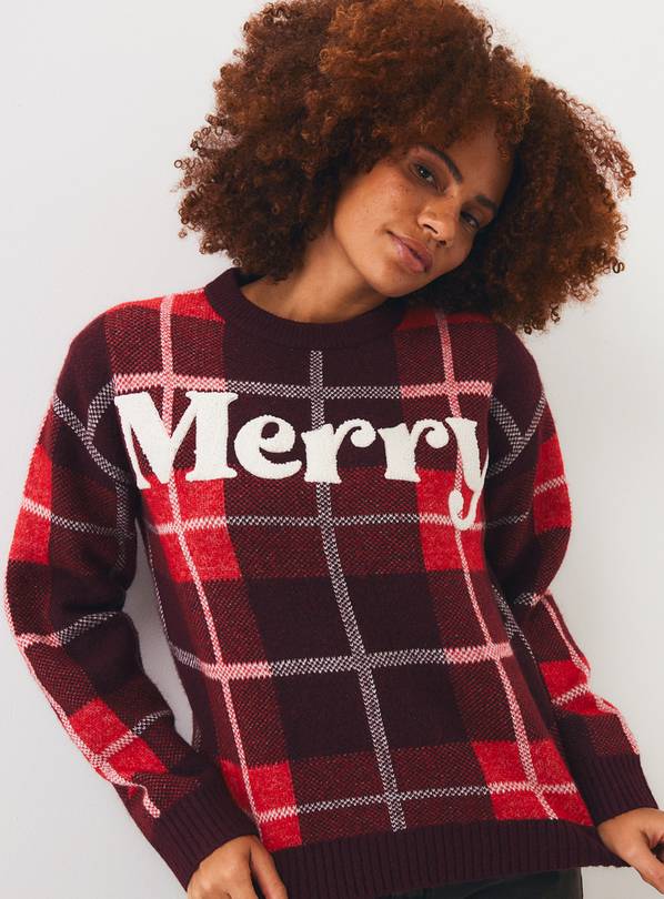 Family Matching Red Tartan Merry Slogan Jumper M